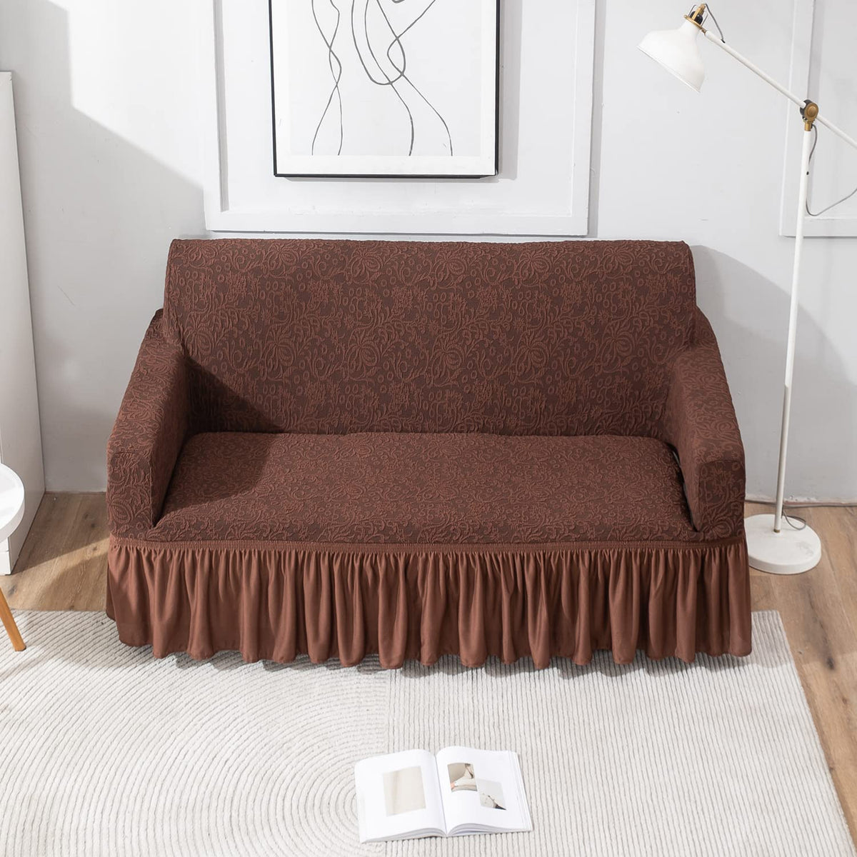 Pecan Brown two seater designer woven jacquard elastic frill sofa cover