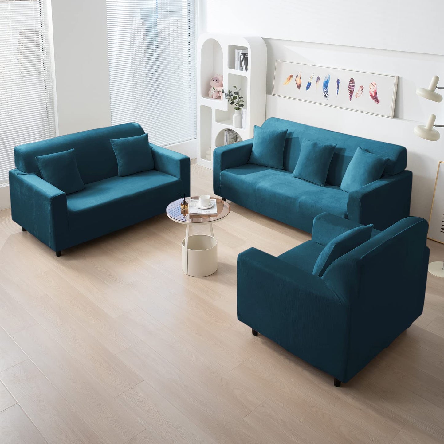 Peacock Blue premium elastic velvet sofa cover​ for 3+2+1 seater sofa set