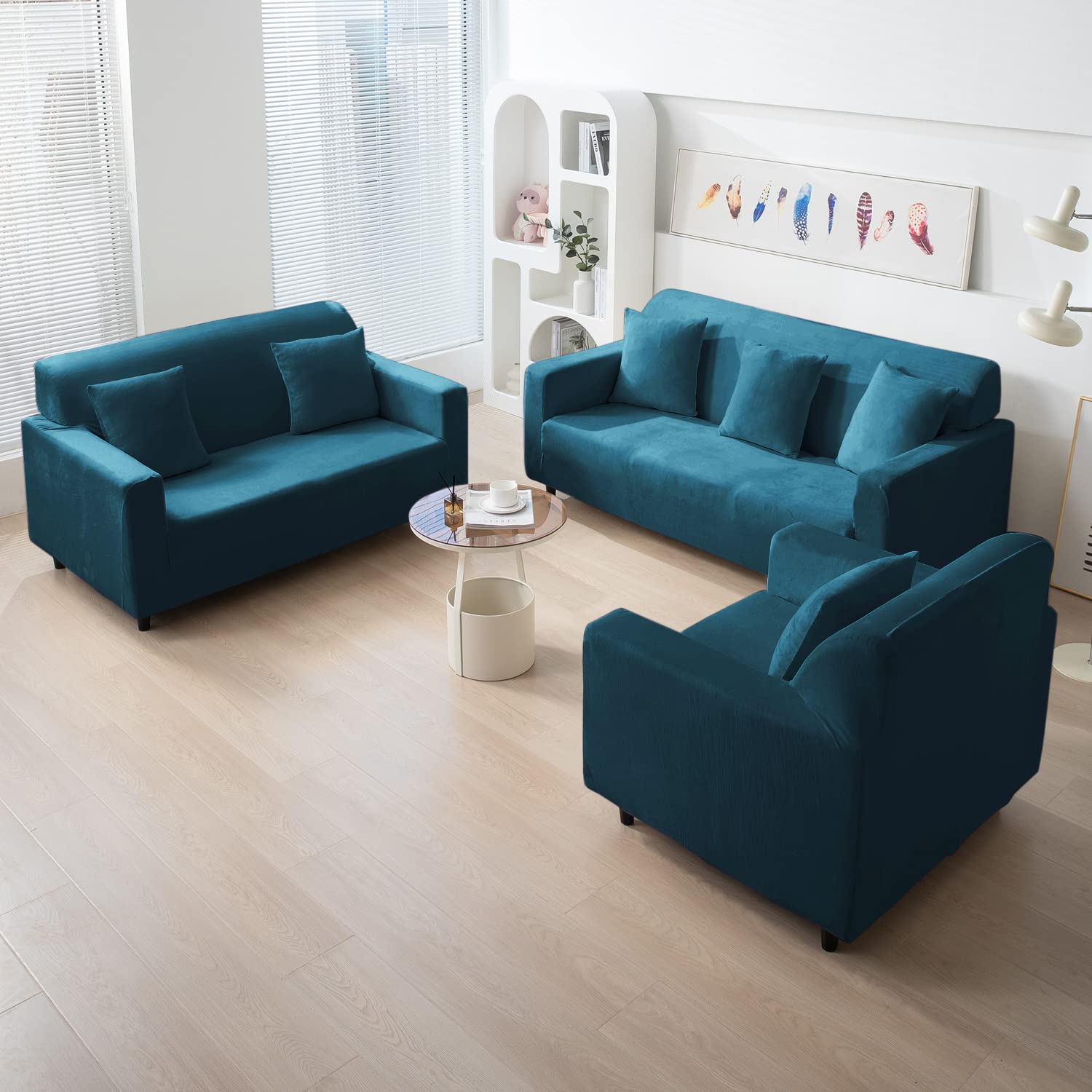 Peacock Blue premium elastic velvet sofa cover​ for 3+2+1 seater sofa set