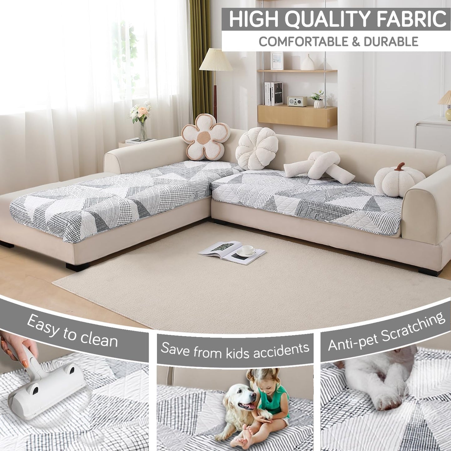 Waterproof Printed Quilted Quick Dry L Shape Sofa Seat Cover Mat, Snow White Black Geometry