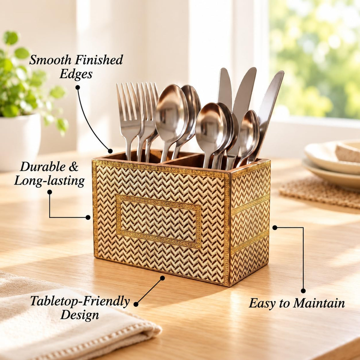 HOKIPO Cutlery Holder for Dining Table, Engineered Wood, Noir Chevron - image 7