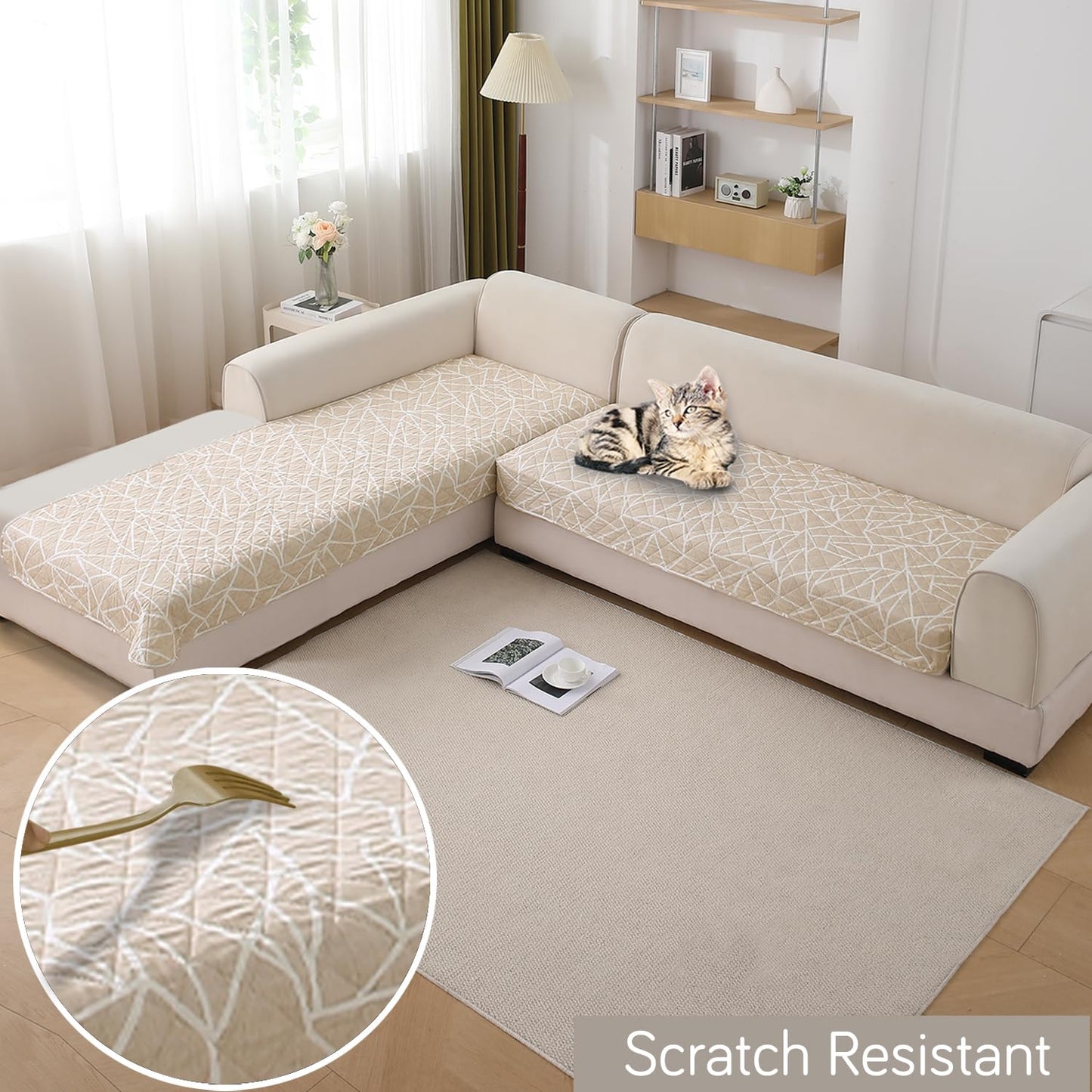 HOKIPO Waterproof Printed Quilted Quick Dry L Shape Sofa Seat Cover Mat, Beige Abstract Geometry