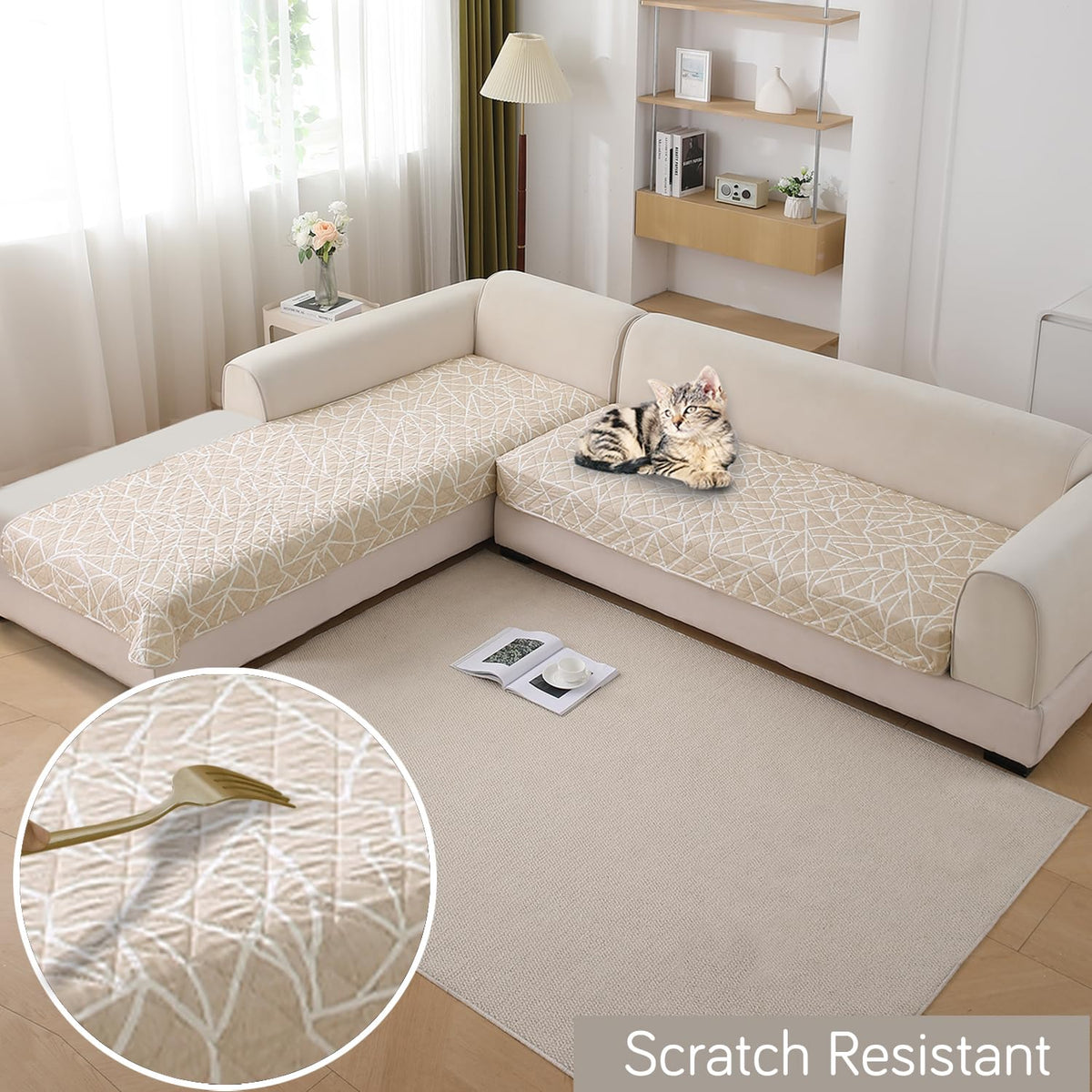 Waterproof Printed Quilted Quick Dry L Shape Sofa Seat Cover Mat, Beige Abstract Geometry