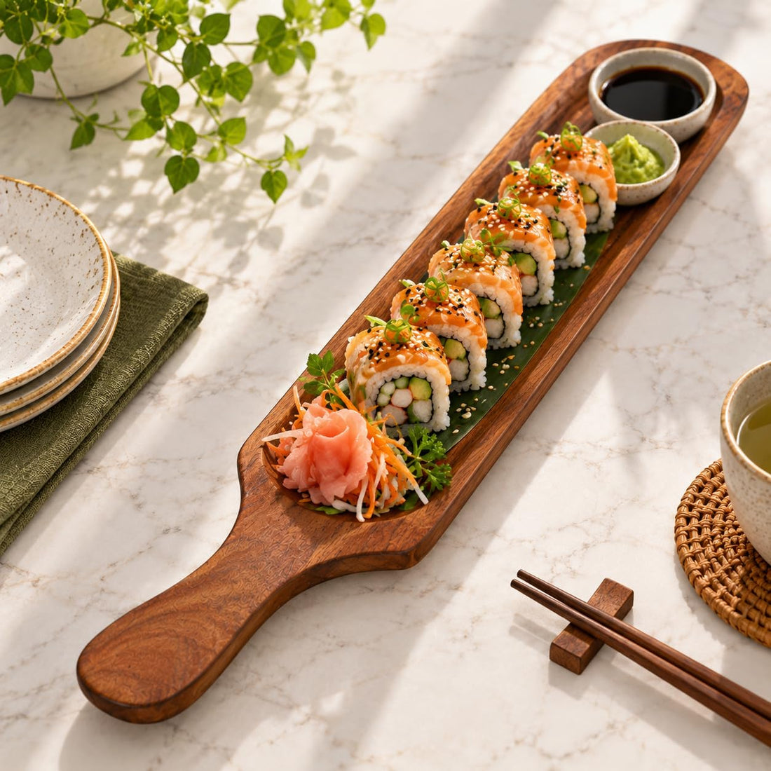 HOKIPO Arbor Acacia Wood Long Serving Platter with Handle, 46.5 x 8.5 cm - image 1