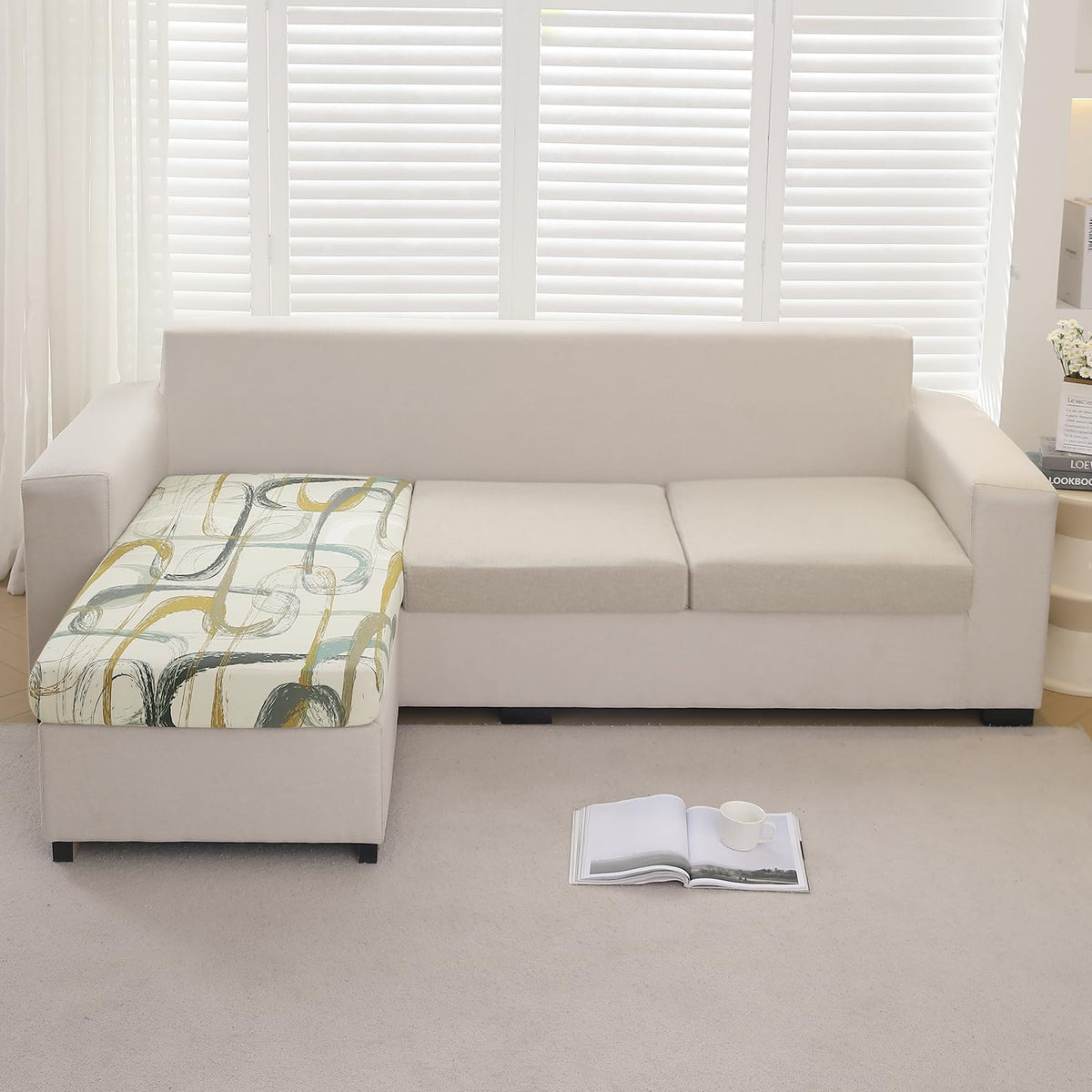 140 GSM Stretchable Printed Elastic Sofa Cushion Seat Cover for 1 /2 /3 Seaters / Pieces for Sofa, Parchement Beige Abstract Art
