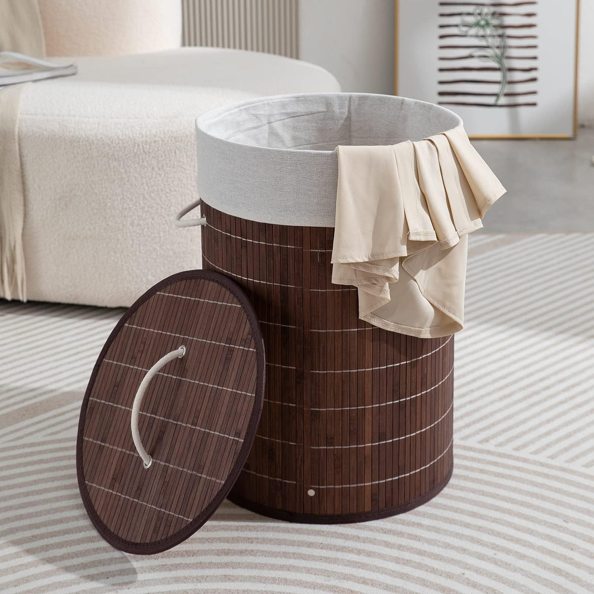 Eco-Friendly Foldable Bamboo Laundry Basket Hamper with Lid, Large - 57 Liter, Coffee Brown