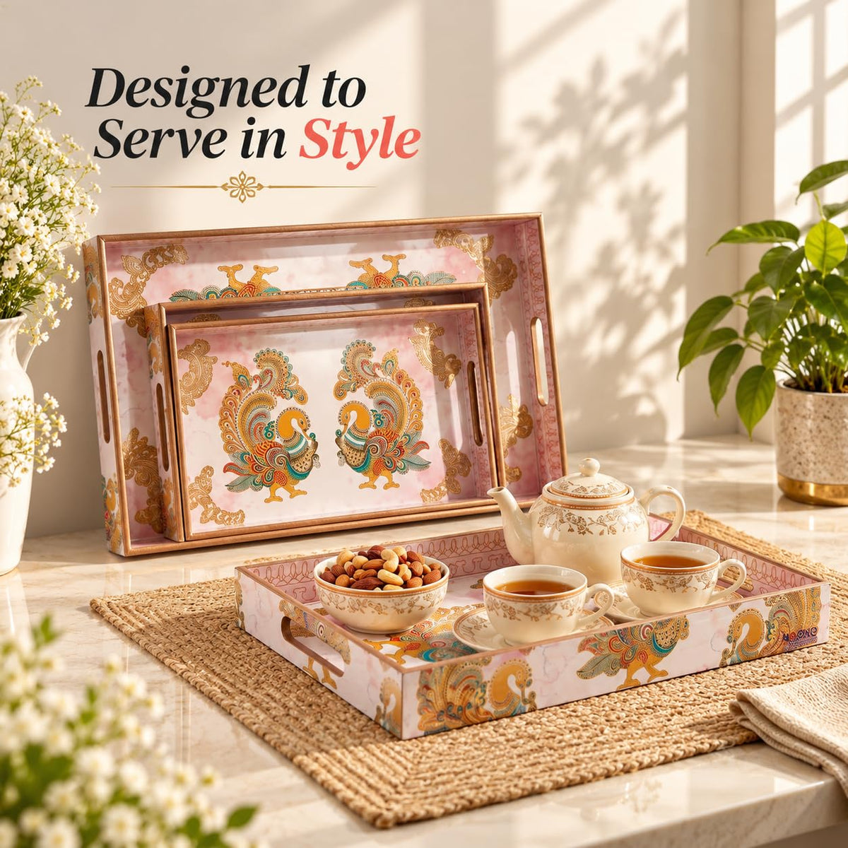 HOKIPO Serving Tray Set of 3, Engineered Wood, Mayur Mahal - image 3