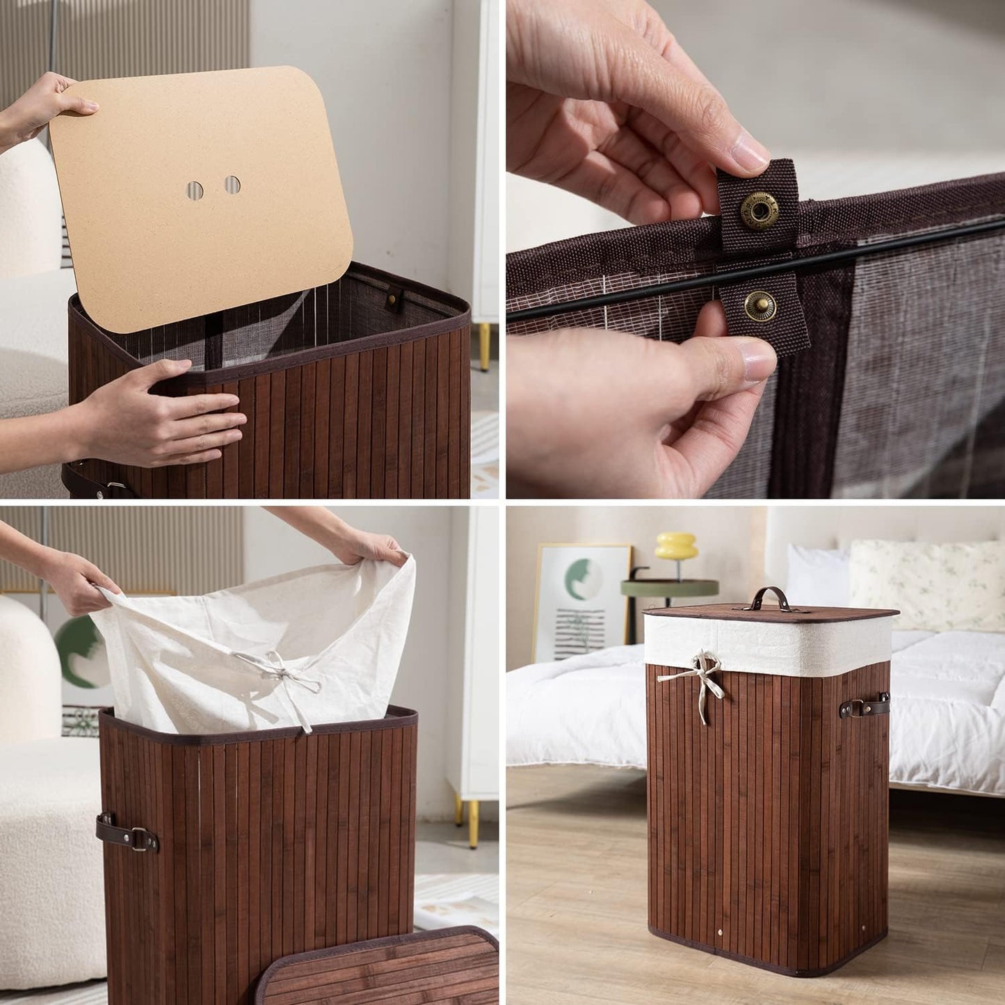Eco-Friendly Foldable Bamboo Laundry Basket Hamper with Lid, Large - 81 Liter, Coffee Brown