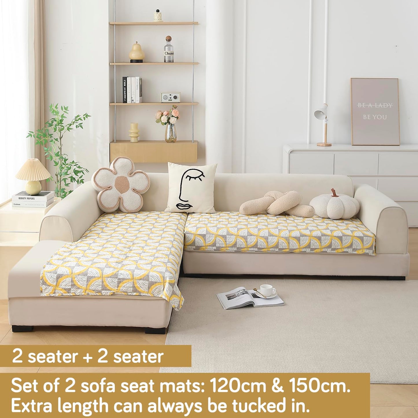 Quilted Printed L Shape Sofa Cover Mat for 2+2/3+2/3+3 Seater, Windmill Cyber Yellow