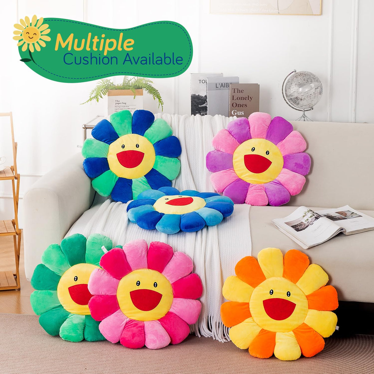 HOKIPO Smiley Sunflower Cushion for Sofa & Bed, 45 cm, Blue Green