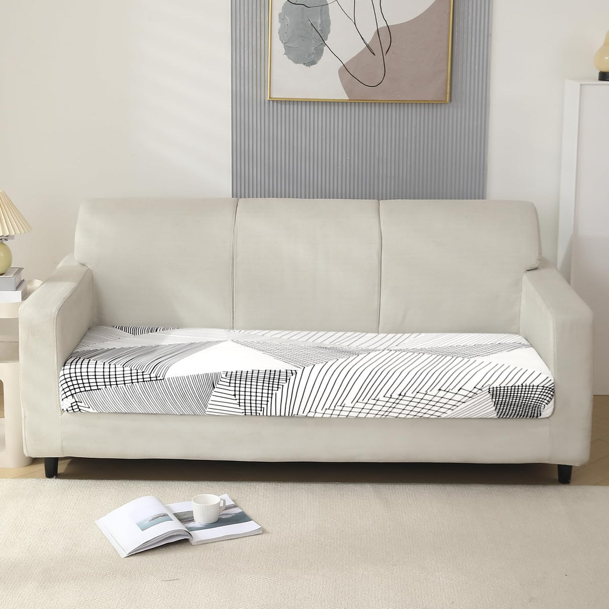 140 GSM Stretchable Printed Elastic Sofa Cushion Seat Cover for 1 /2 /3 Seaters / Pieces for Sofa, Snow White Black Geometry
