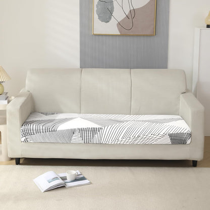 140 GSM Stretchable Printed Elastic Sofa Cushion Seat Cover for 1 /2 /3 Seaters / Pieces for Sofa, Snow White Black Geometry