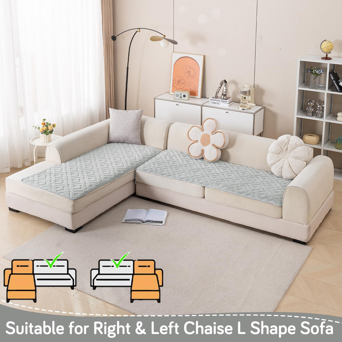 Velvet Maze Premium L Shape Sofa Cover Seat Mat, Light Grey