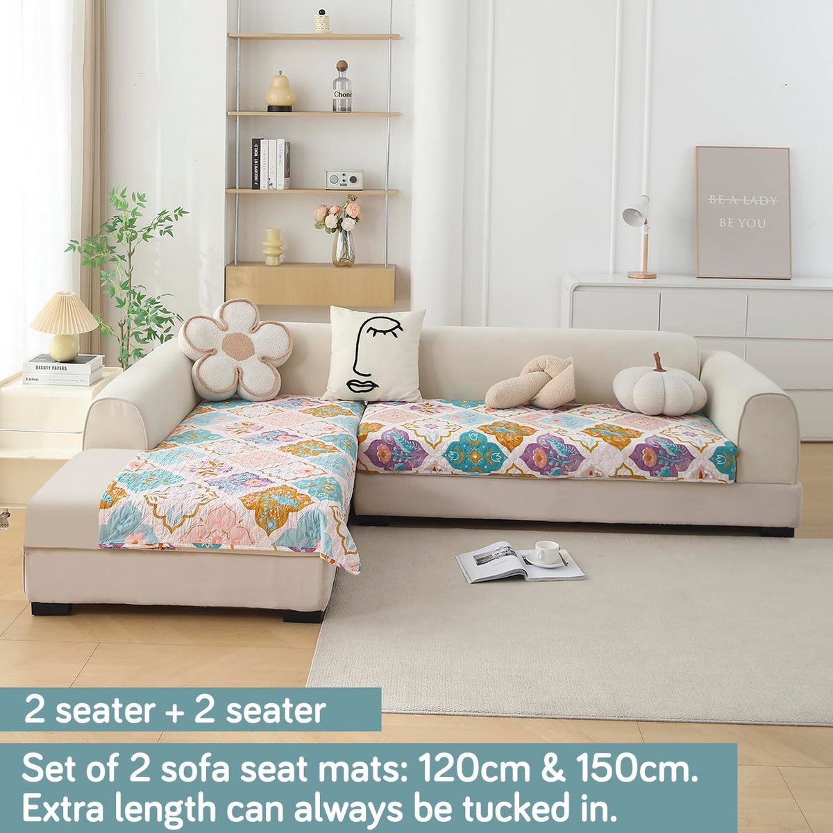 L Shape Sofa Cover Mat for 2+2/3+2/3+3 Seater, Quilted Printed Quatrefoil Multicolor