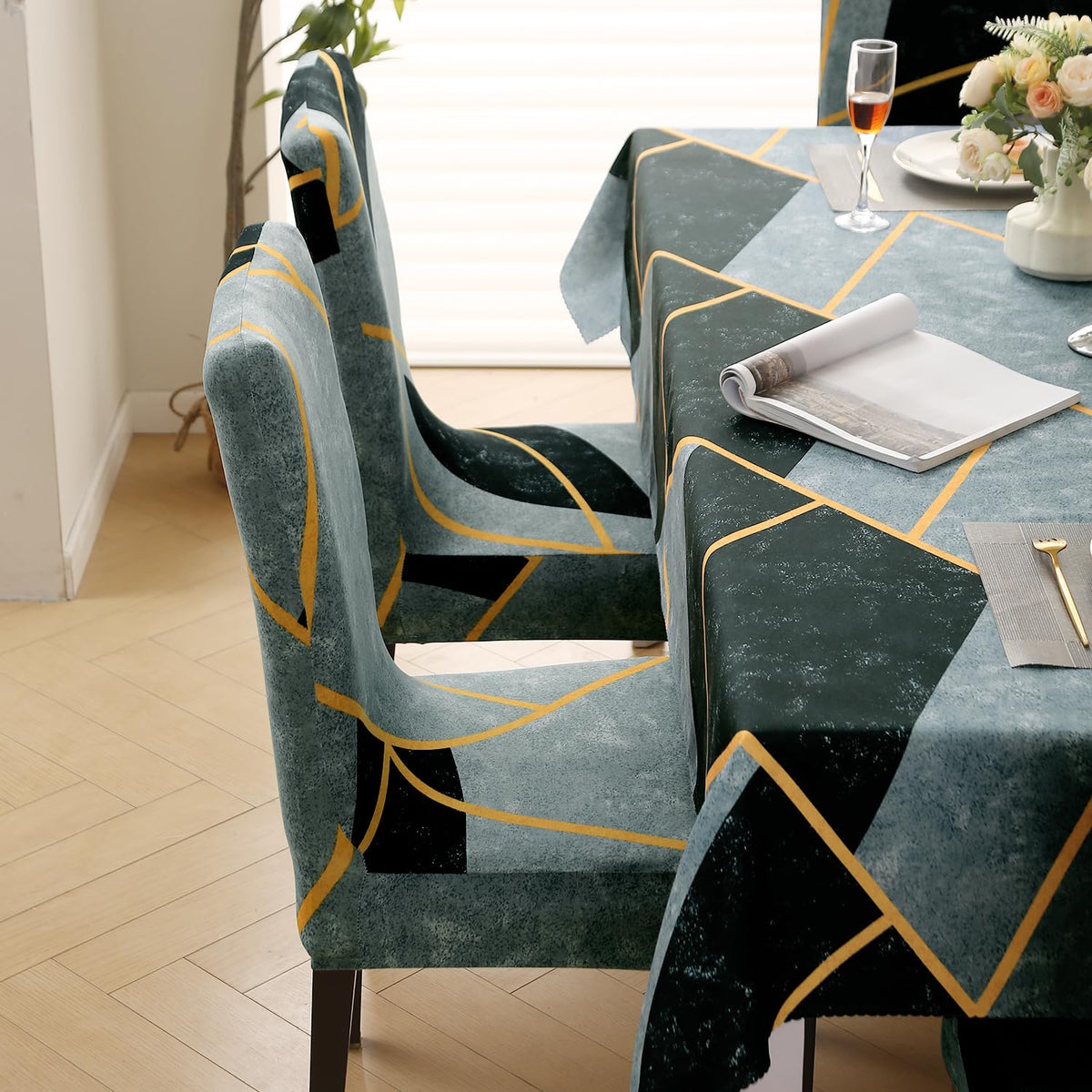 Elastic Dining Chair Covers with Matching Tablecloth, Multicolor Abstract Geometry