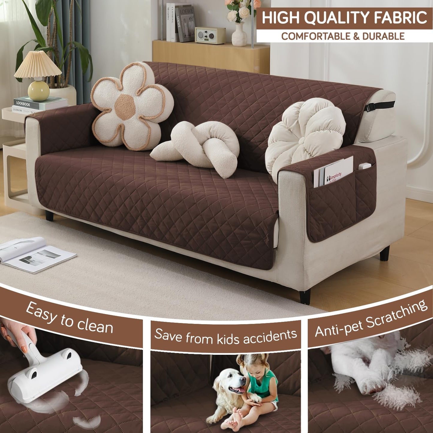 Quilted Waterproof Sofa Cover Mat with Pockets on Armrest Cover - Brown