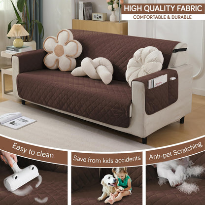 Quilted Waterproof Sofa Cover Mat with Pockets on Armrest Cover - Brown