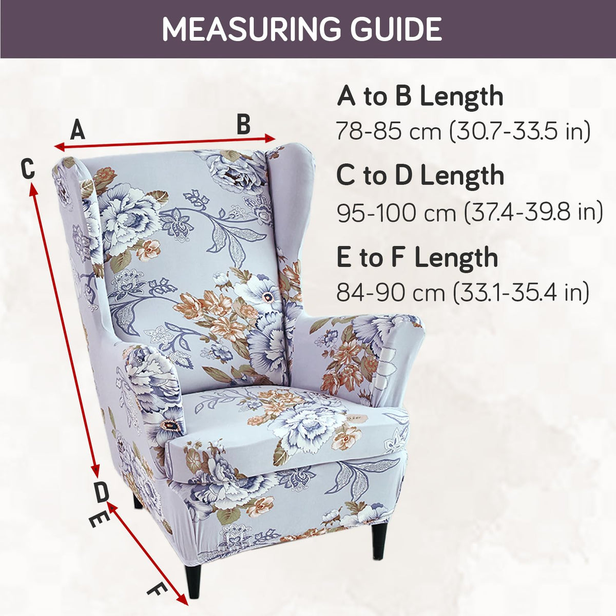 Gentle Grey Dahlia Stretchable Chair Cover for Wingback Chair size guide