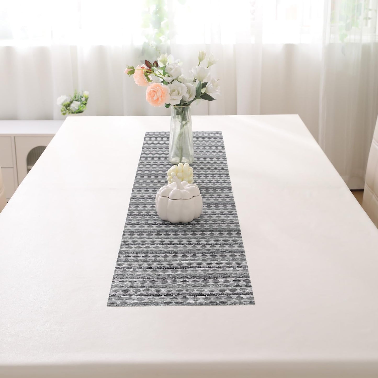 HOKIPO PVC Dining Table Mats and Runner Set of 4/6, Cool Grey Rhombus
