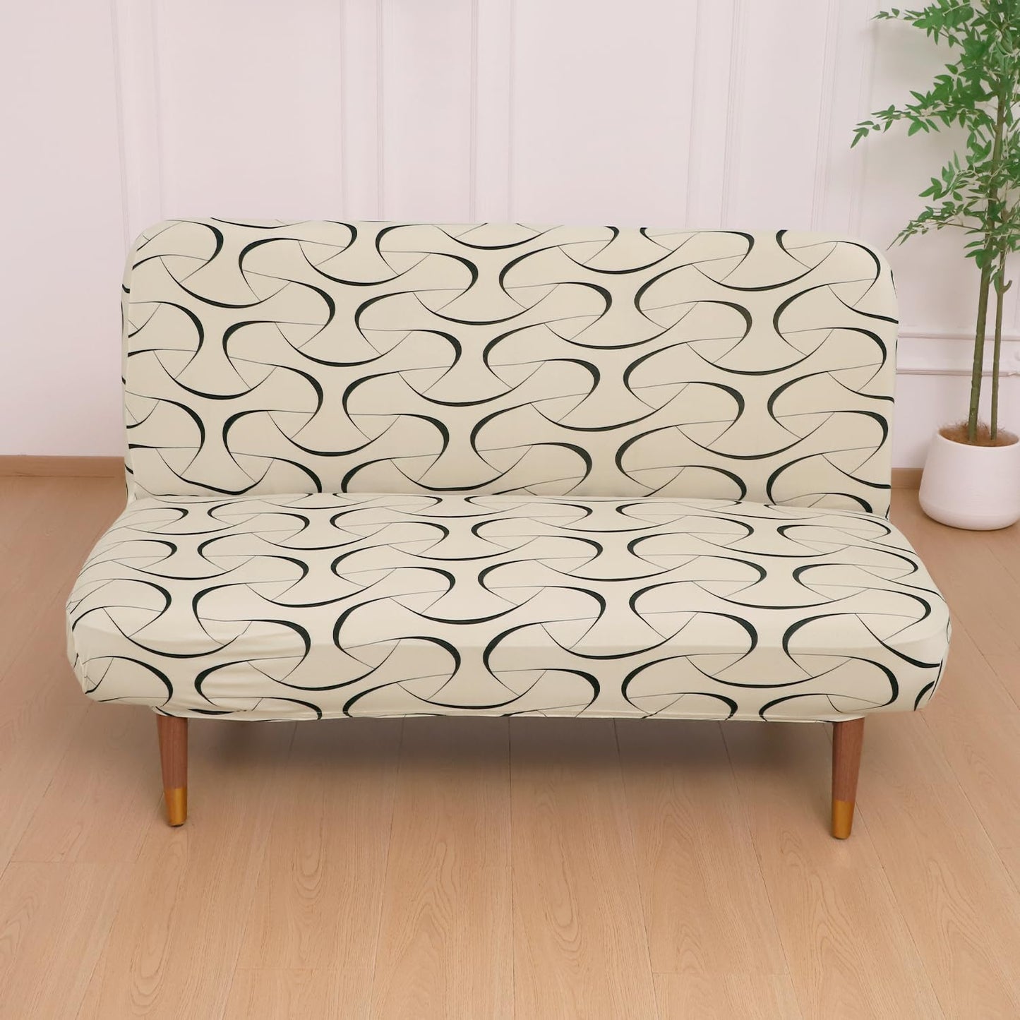 Elira Series Stretchable Elastic  Armless Sofa Cover – 140 GSM, Futon Slipcover, Easy Fit, Natural Beige Abstract Art