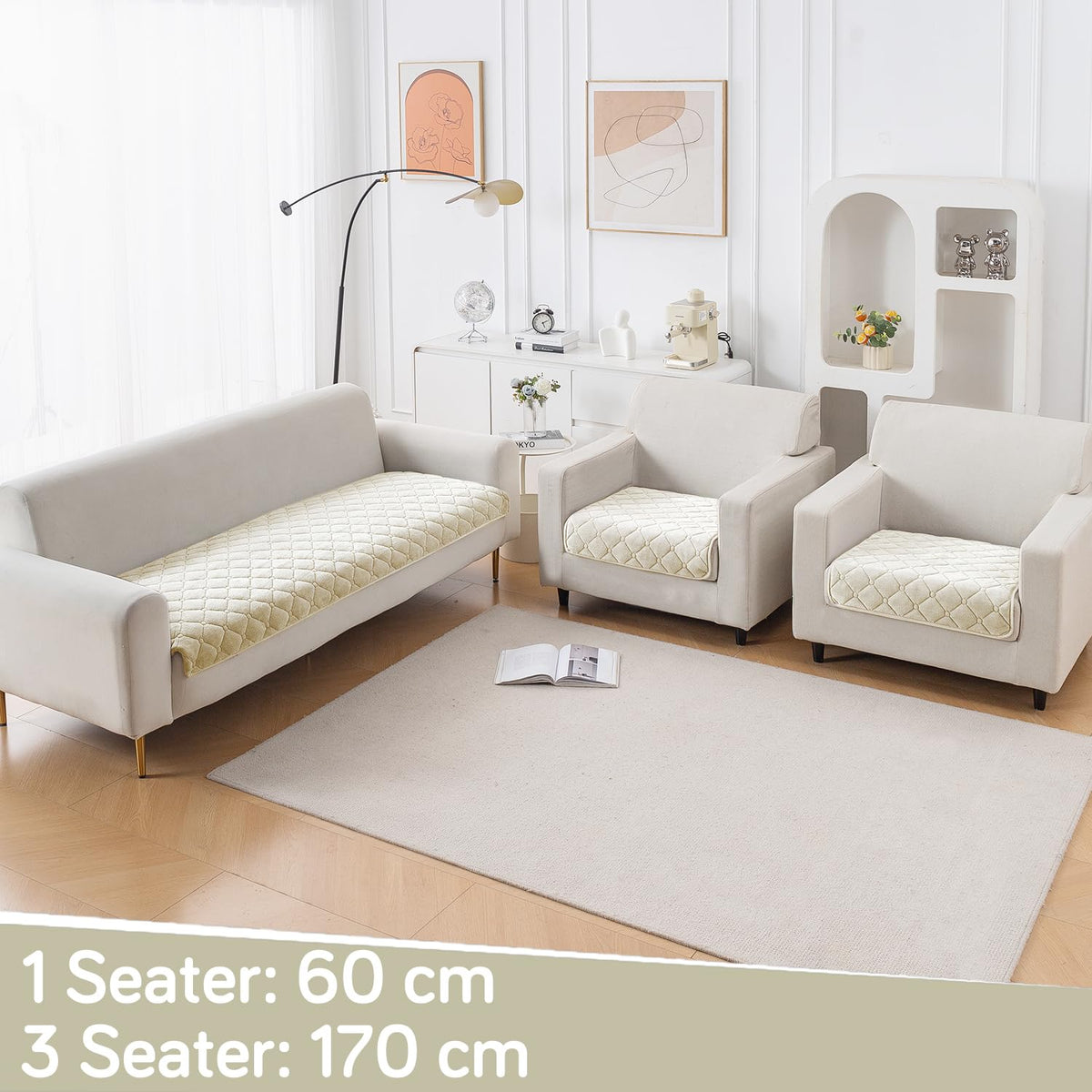 Diamond Tuft Quilted 5-Seater Sofa Mat (3+1+1), Anti-Slip, Ivory Cream