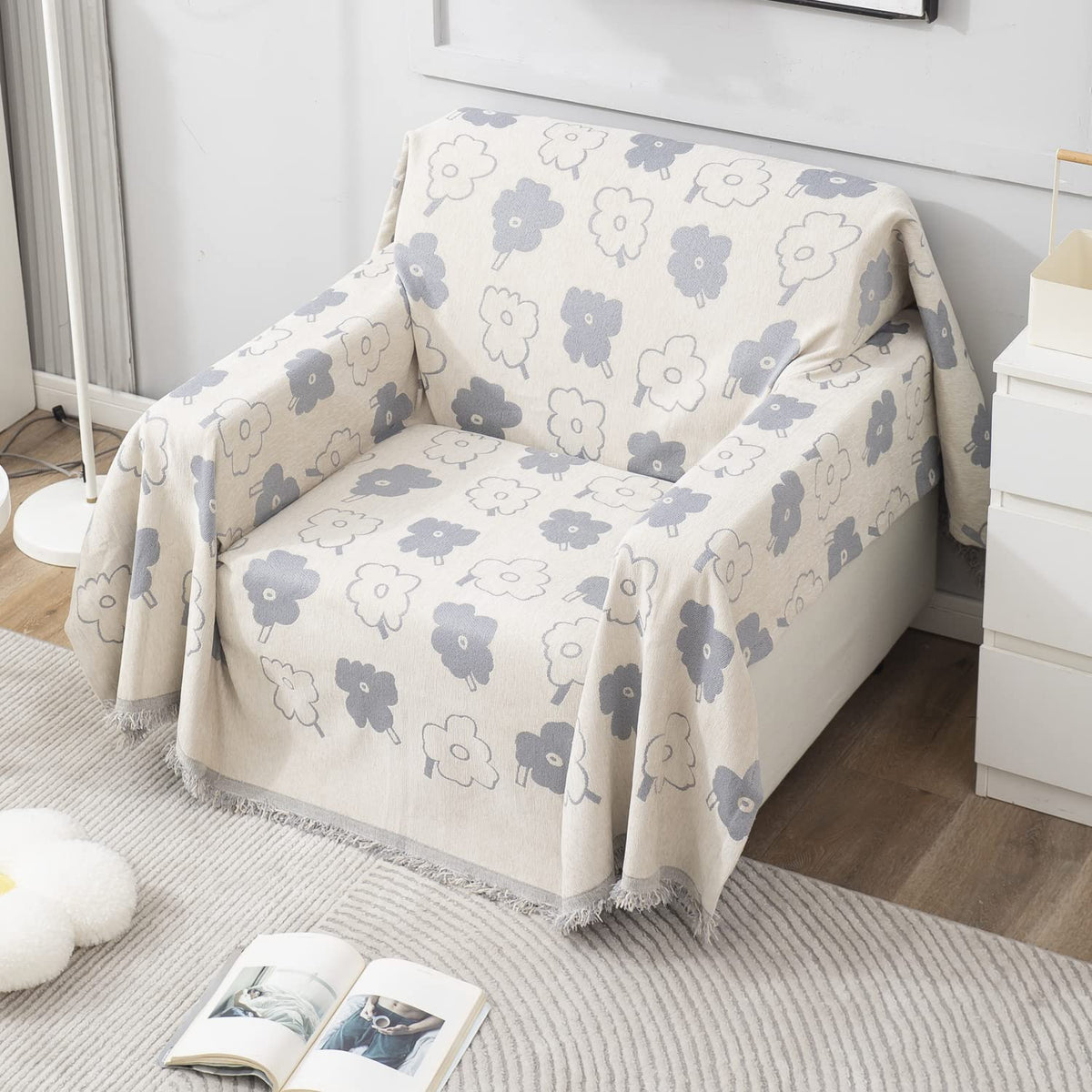 Buy off white floral print colour chenille sofa throw cover
