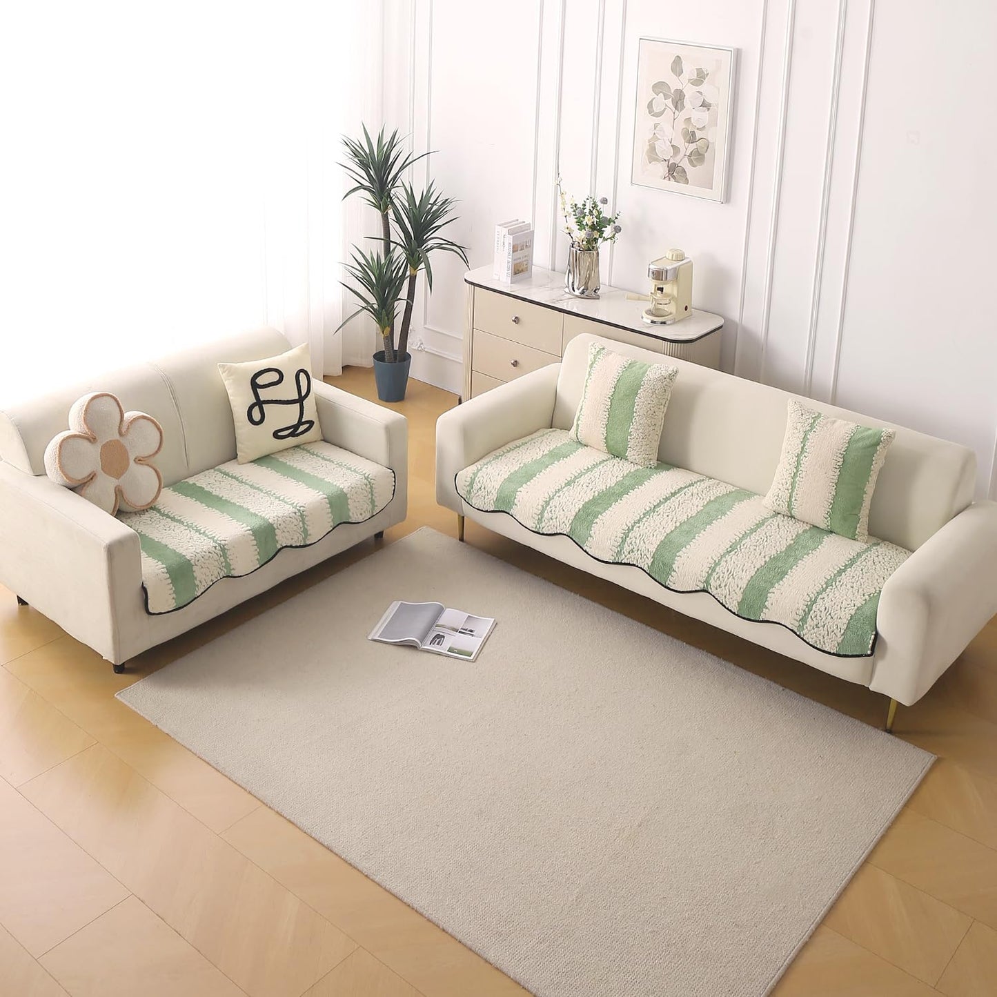 Luxury Wavy Anti Slip Plush Sofa Cover Mat, Pistachio Green