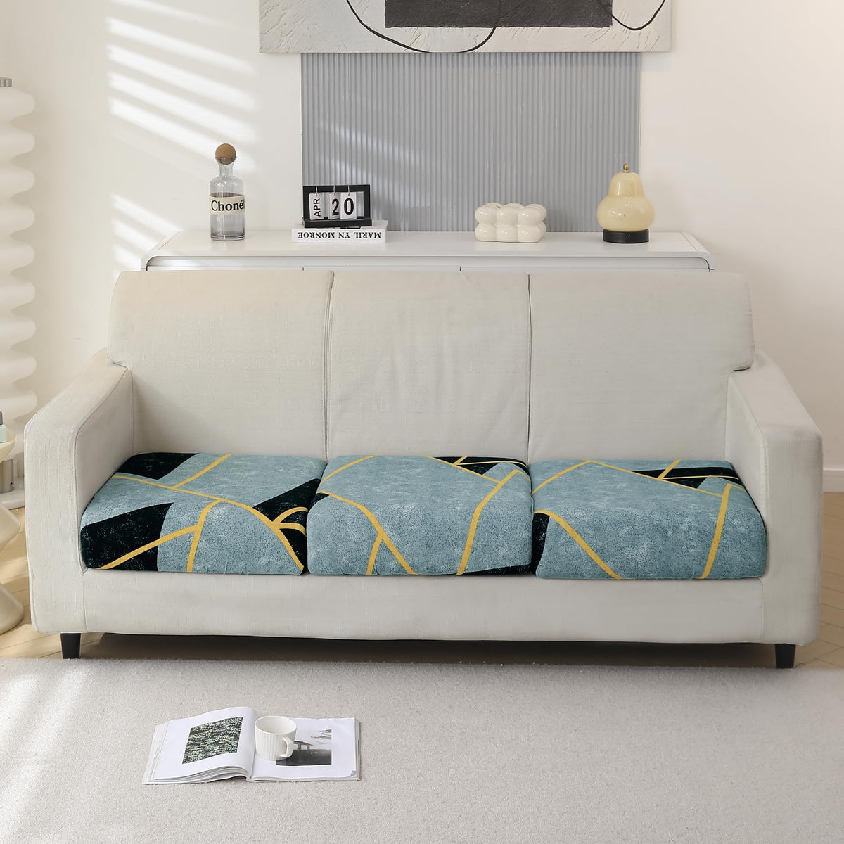 140 GSM Stretchable Printed Elastic Sofa Cushion Seat Cover for 1 /2 /3 Seaters / Pieces for Sofa, Multicolor Abstract Geometry