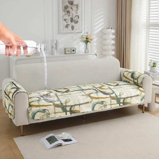 Waterproof Quilted Sofa Seat Mat for 1/2/3 Seater with 2 Armrest Covers with Pockets, Parchement Beige Abstract Art