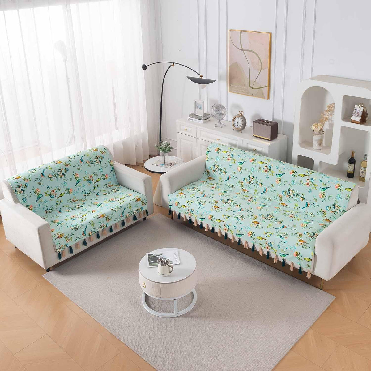 'Whispers of Nature' Series Holland Velvet Sofa Cover with Tassel, Mint Birdsong Blossom