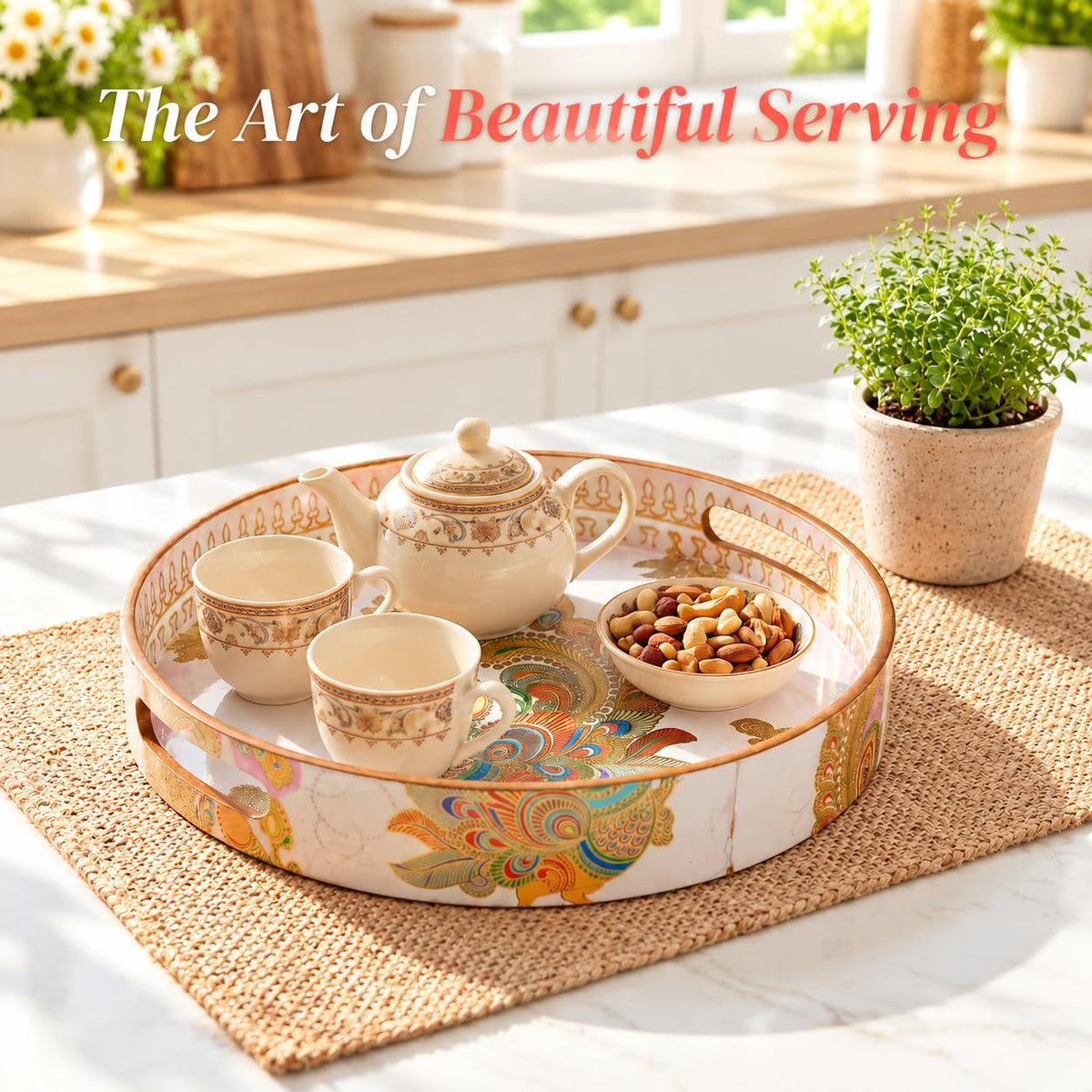 HOKIPO Round Serving Tray 12 in, Engineered Wood, Mayur Mahal - image 3