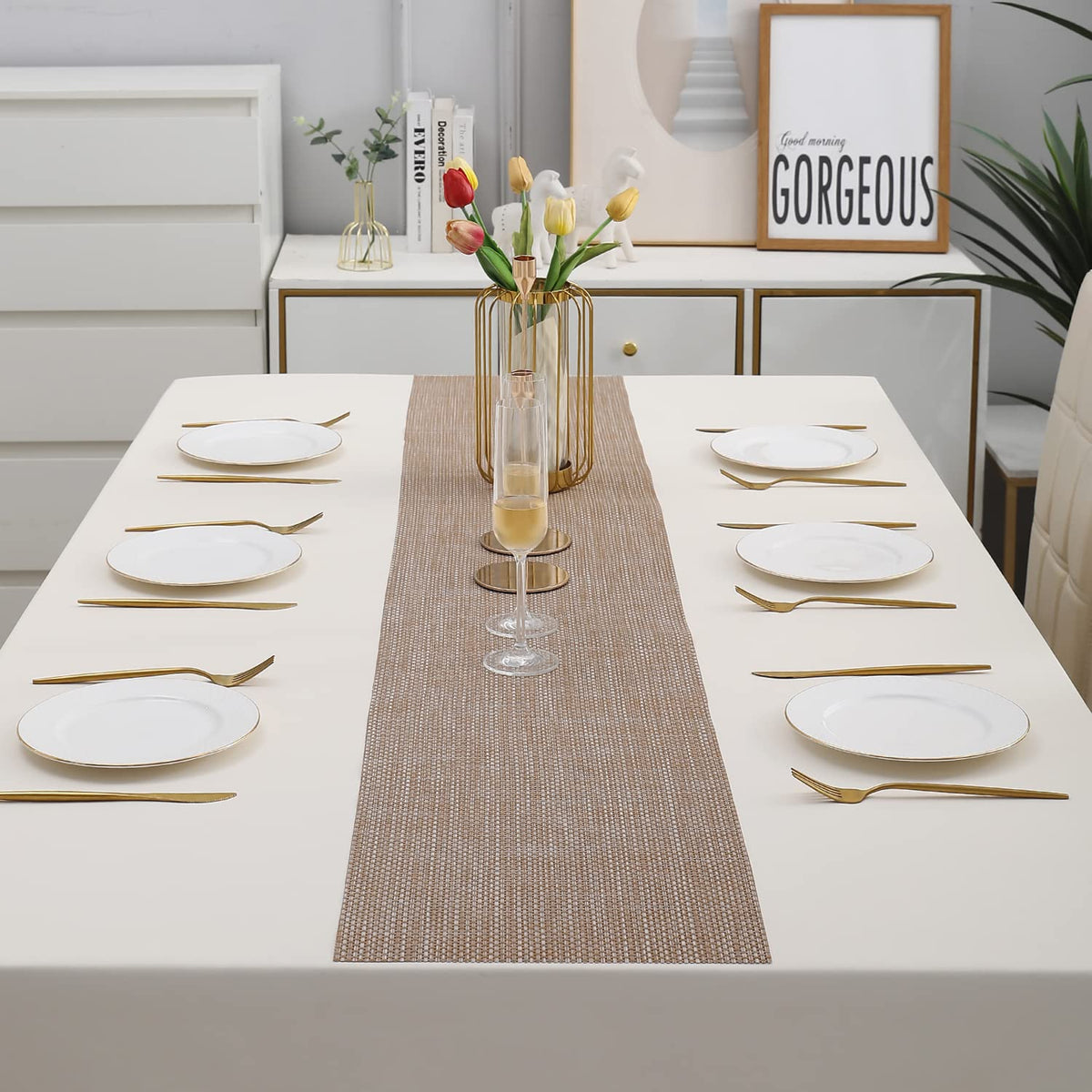 Buy Beige Brown Colour PVC table runner for dining table | HOKIPO