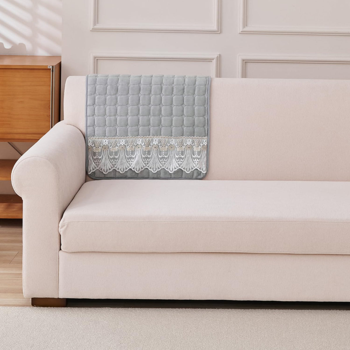 BelleLace Series Imperial Milk Velvet Sofa Cover Mat with Lace Design - Cloud Grey