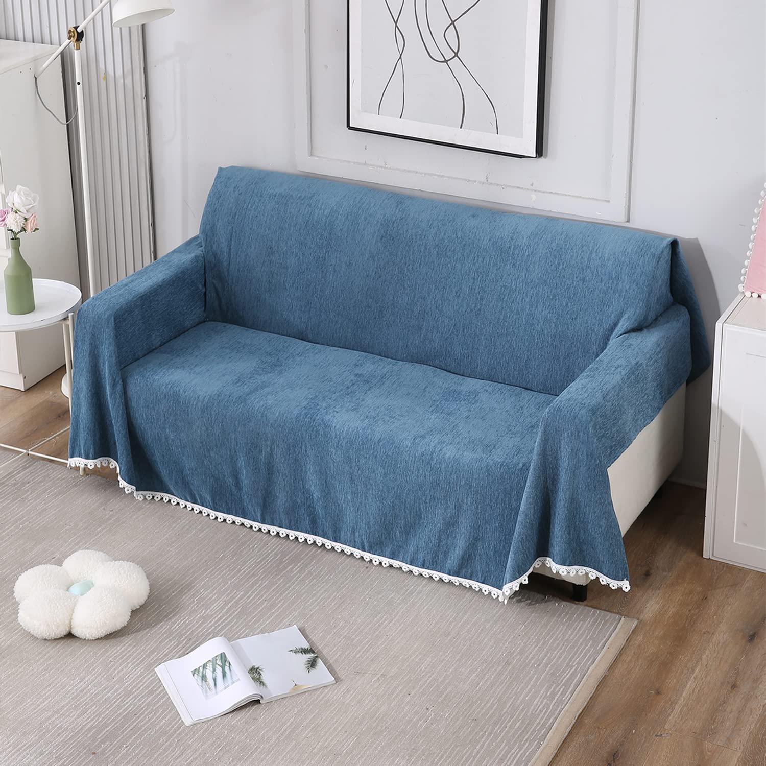 Blue chenille sofa throws, machine washable, & available for 1, 2, 3 seater sofas
