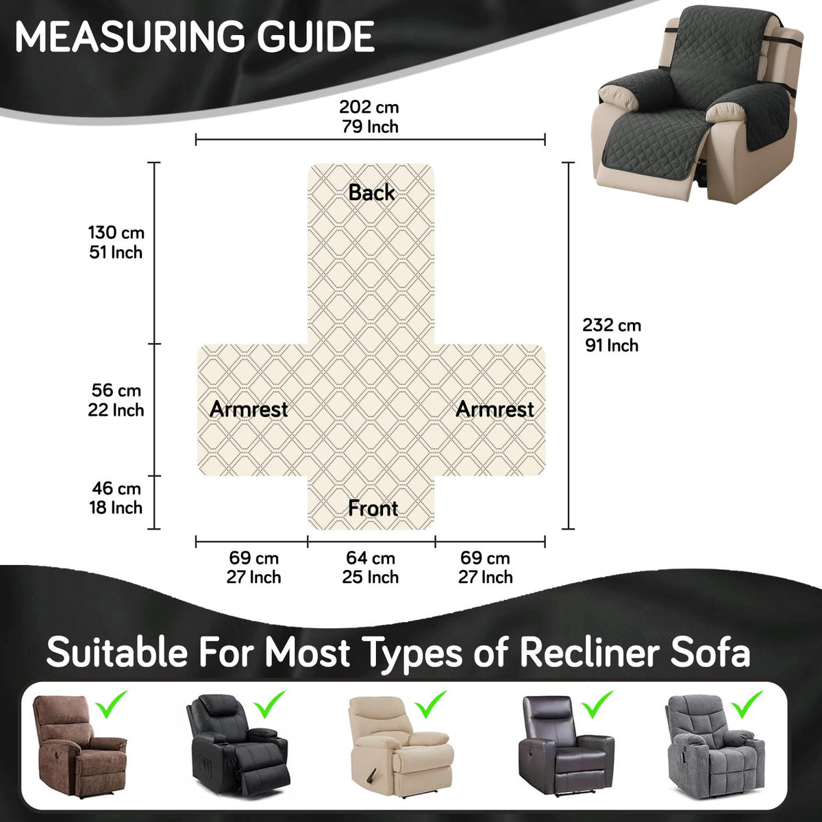 UrbanQuilt Recliner Sofa Slipcover Mat with Dual Belt for 1/2/3 Seater - Anchor Grey