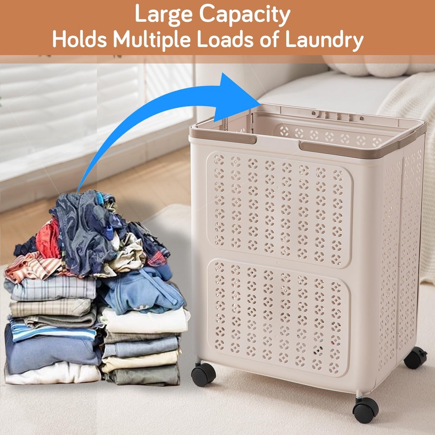 HOKIPO Foldable Laundry Basket with Wheels for Clothes, Toys & More - Beige