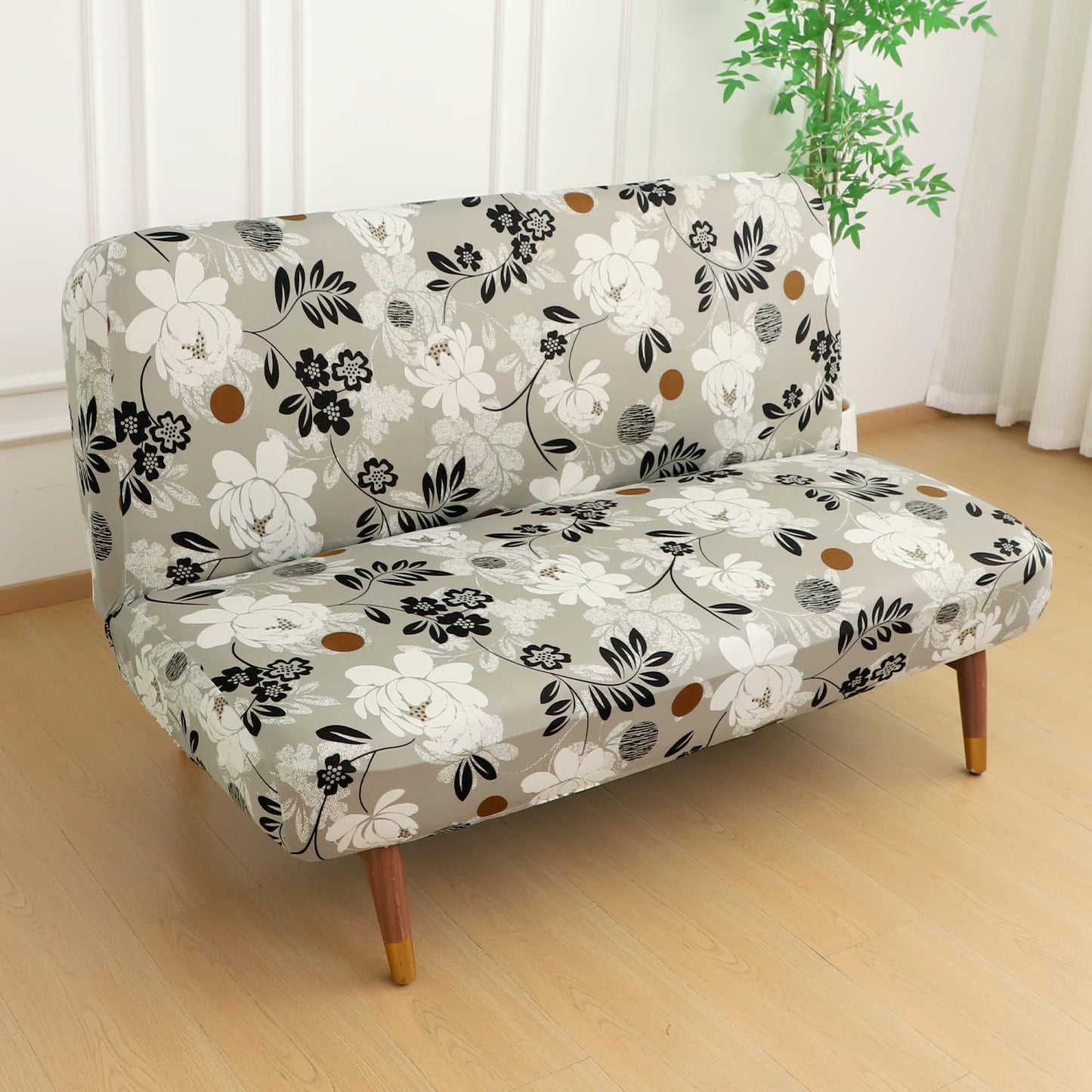 Elira Series Stretchable Elastic Armless Sofa Cover – 140 GSM, Futon Slipcover, Easy Fit, Feather Brown Floral