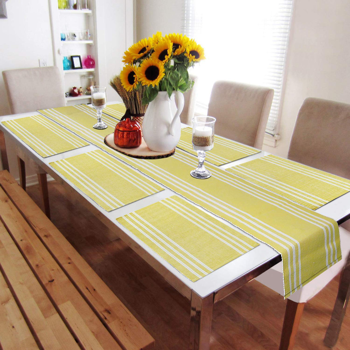 Ribbed Cotton Heat Resistant Dining Table Mat, Yellow Striped