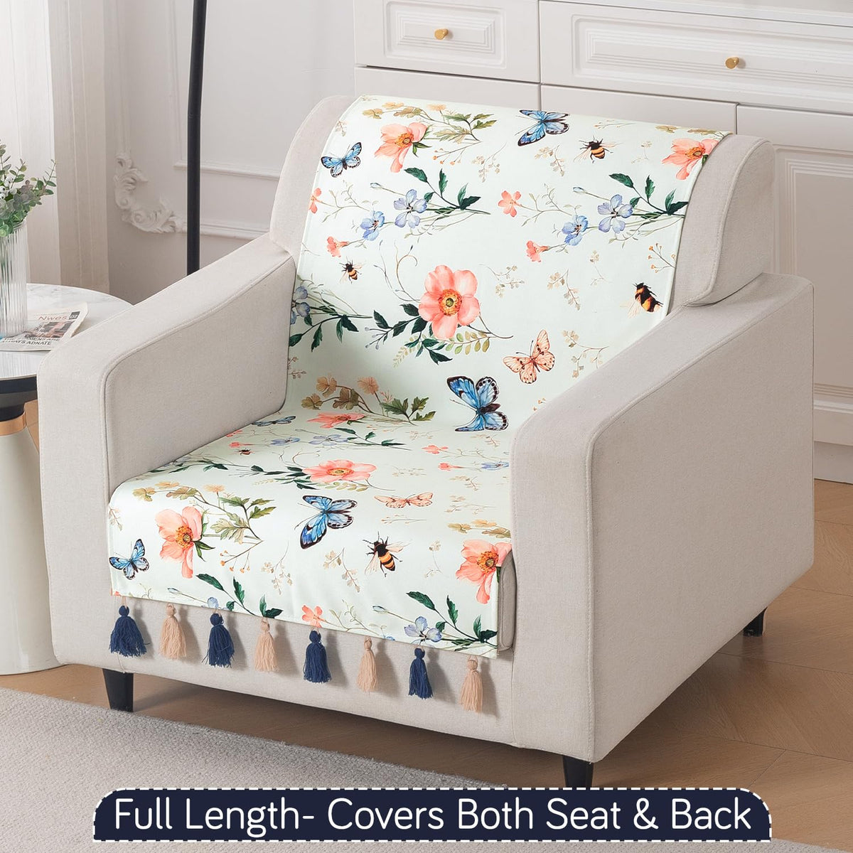 'Whispers of Nature' Series Holland Velvet Sofa Cover with Tassel, Pastel Butterfly Meadow