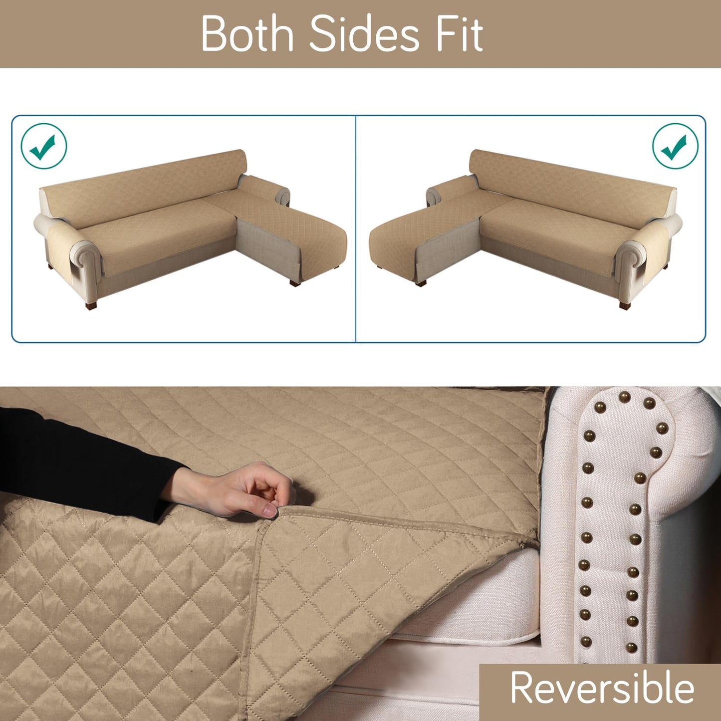HOKIPO Quilted Reversible One Piece L Shape 4/5/6 Seater Sofa Cover Mat, Camel