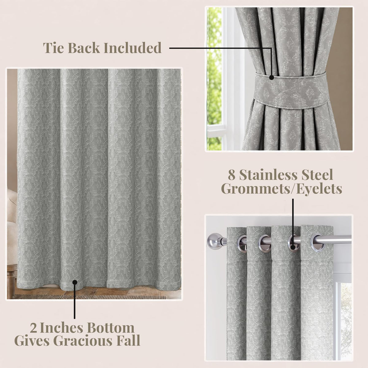 HOKIPO Marrakesh Jacquard Eyelet Curtains, 7 Feet Long - Muted Grey - image 4