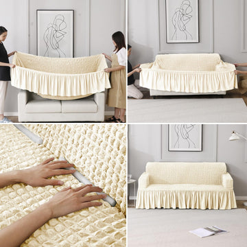 How to put Cream stretchable Turkish Bubble frill sofa cover guide
