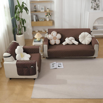 Quilted Waterproof Sofa Cover Mat with Pockets on Armrest Cover - Brown