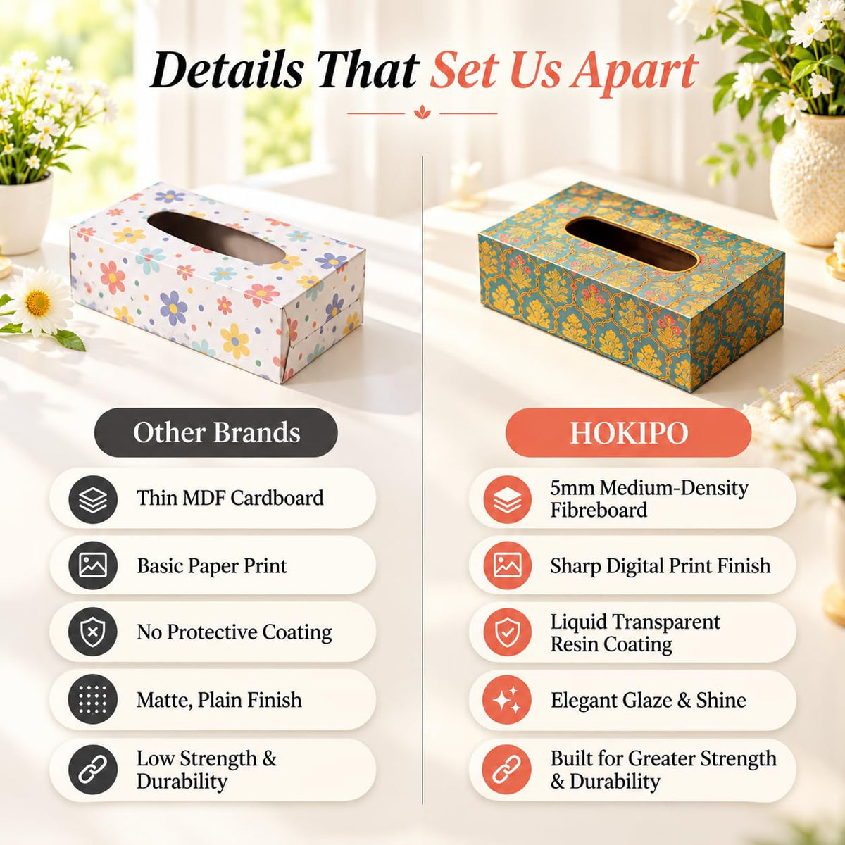 HOKIPO Tissue Box Holder, Rectangle, Engineered Wood, Shahi Gulnaar - image 3