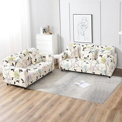 Elastic Stretchable Printed Sofa Cover, Beige Brown Leaves