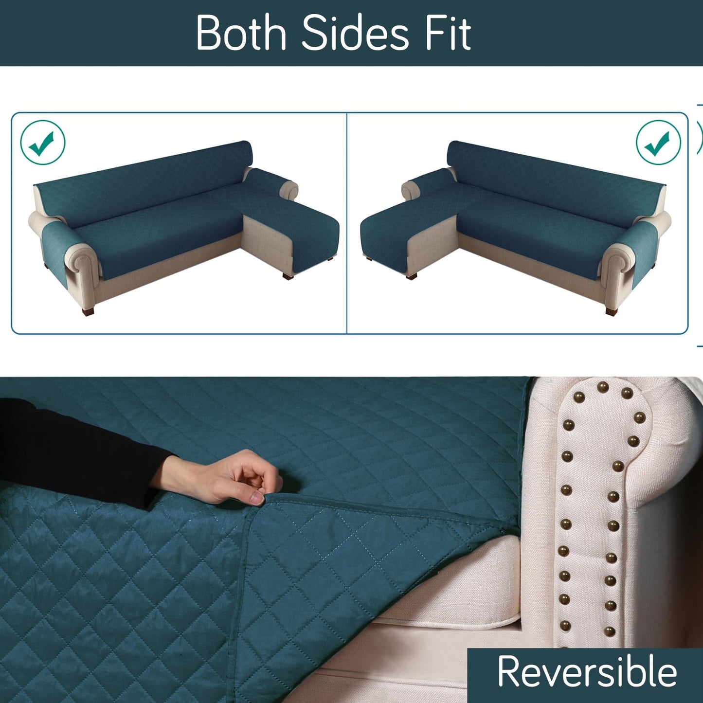 HOKIPO Quilted Reversible One Piece L Shape 4/5/6 Seater Sofa Cover Mat, Peacock Blue