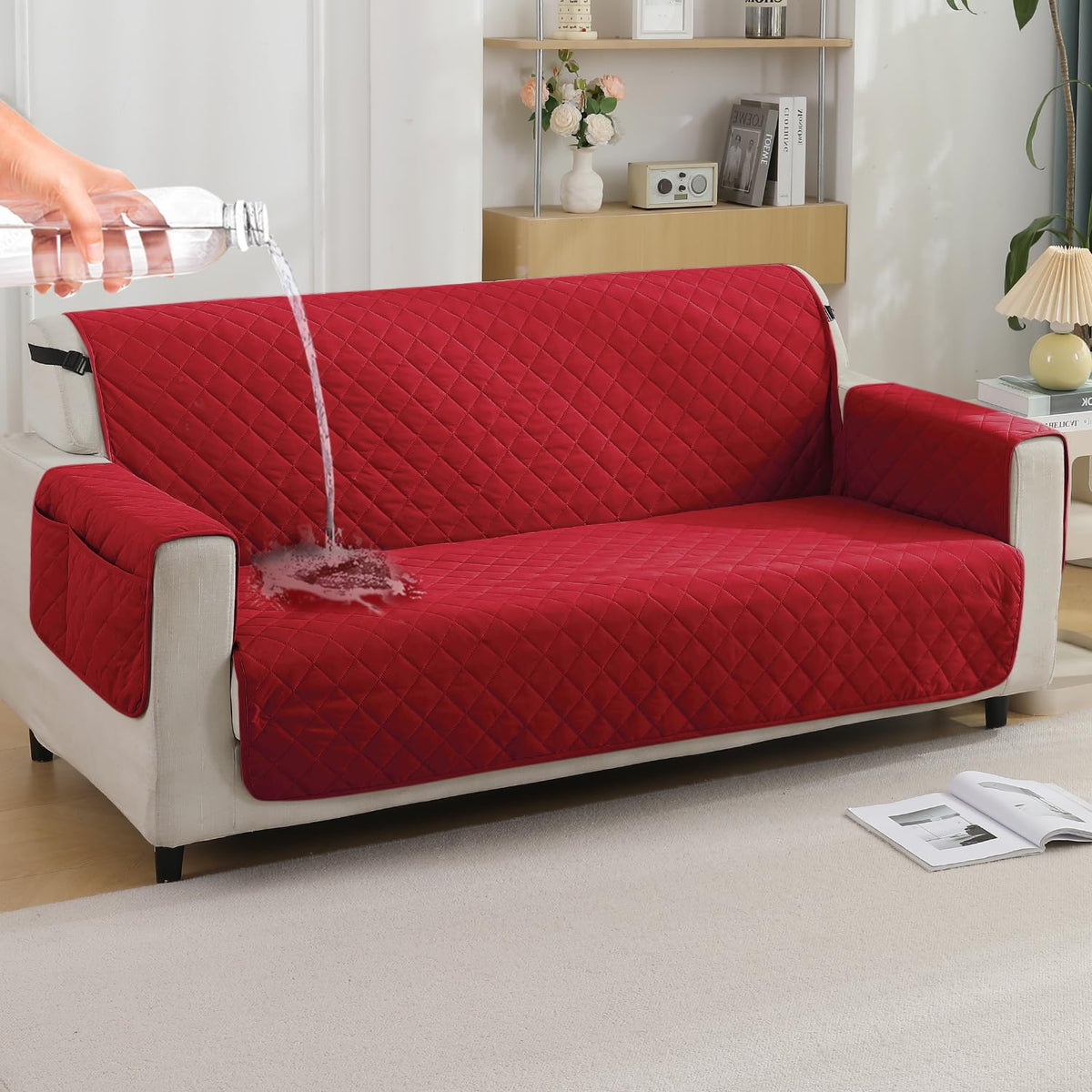 Red colour 3 seater quilted waterproof sofa cover | Hokipo