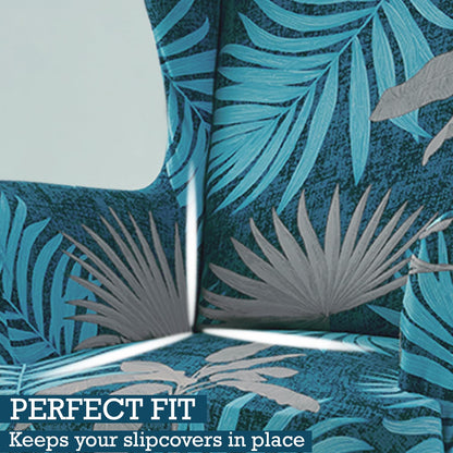 Stretchable 140 GSM Wing Chair Cover, Sea Blue Tropical Leaves