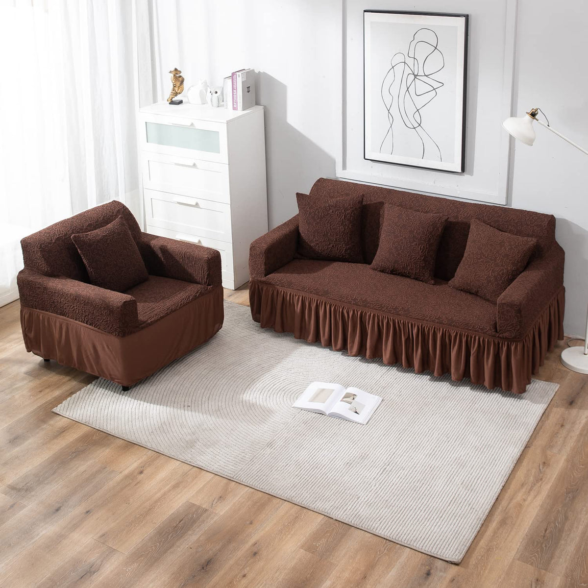 Pecan Brown Colour Woven Jacquard Zippered Square Sofa Cushion Covers