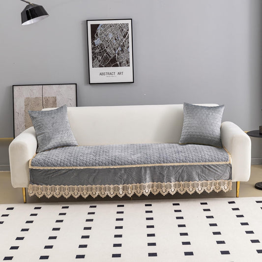 Premium Dutch Velvet Sofa Seat Mat for 1/2/3 Seater Sofa and Cushion Cover, Light Grey